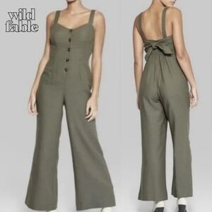 Sz S Wild Fable Cotton Rayon Olive Green Bow Back Button Front Wide Leg Jumpsuit